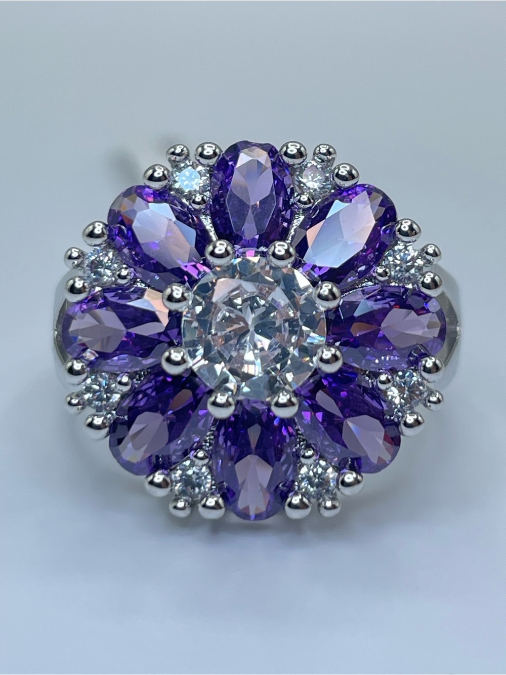 Swarovski Crystal Elements Purple White Crystal Floral Statement Ring Sz 7